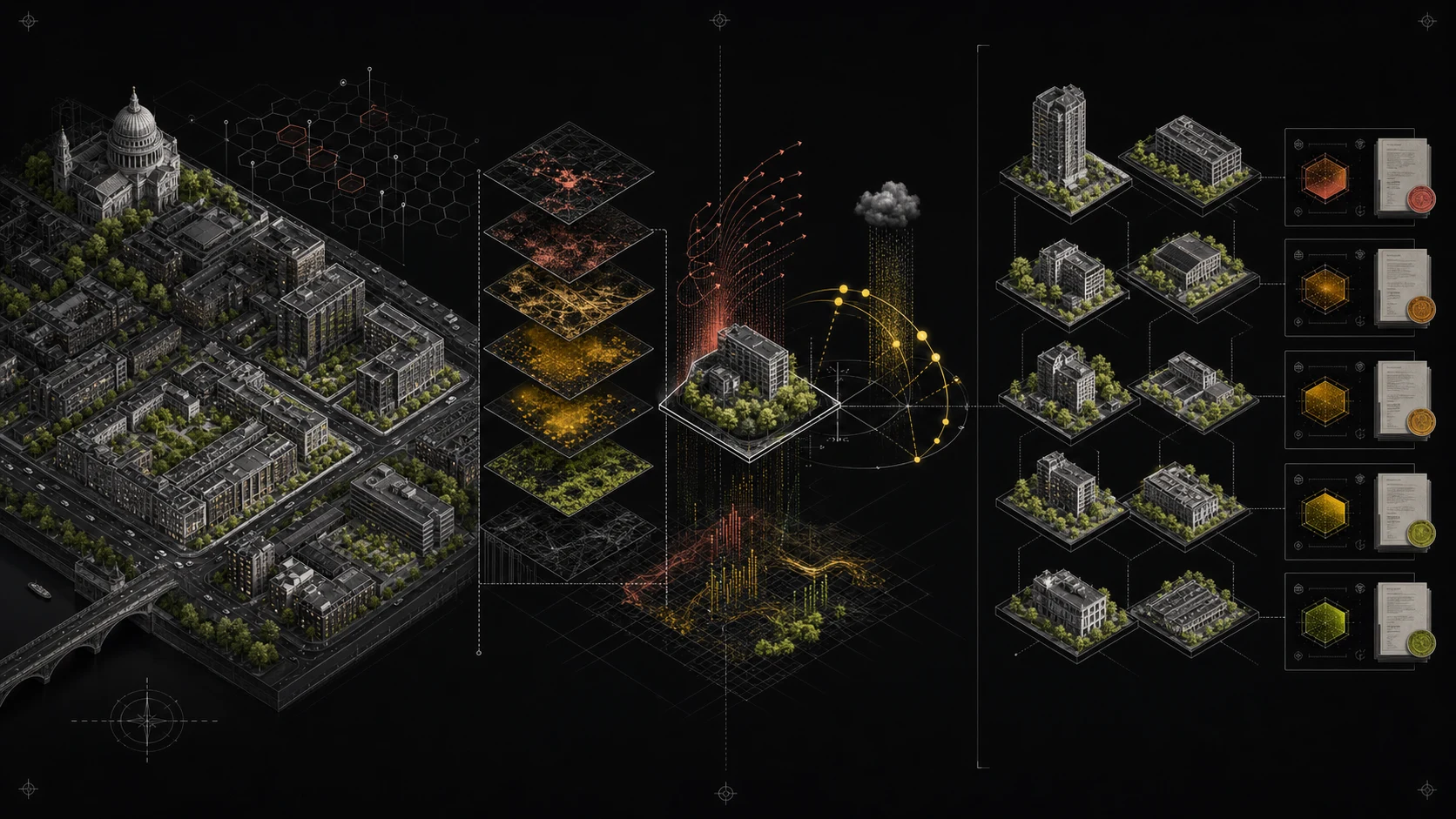 Illustrative architectural sequence from city-scale observation through environmental simulation to a governed property portfolio