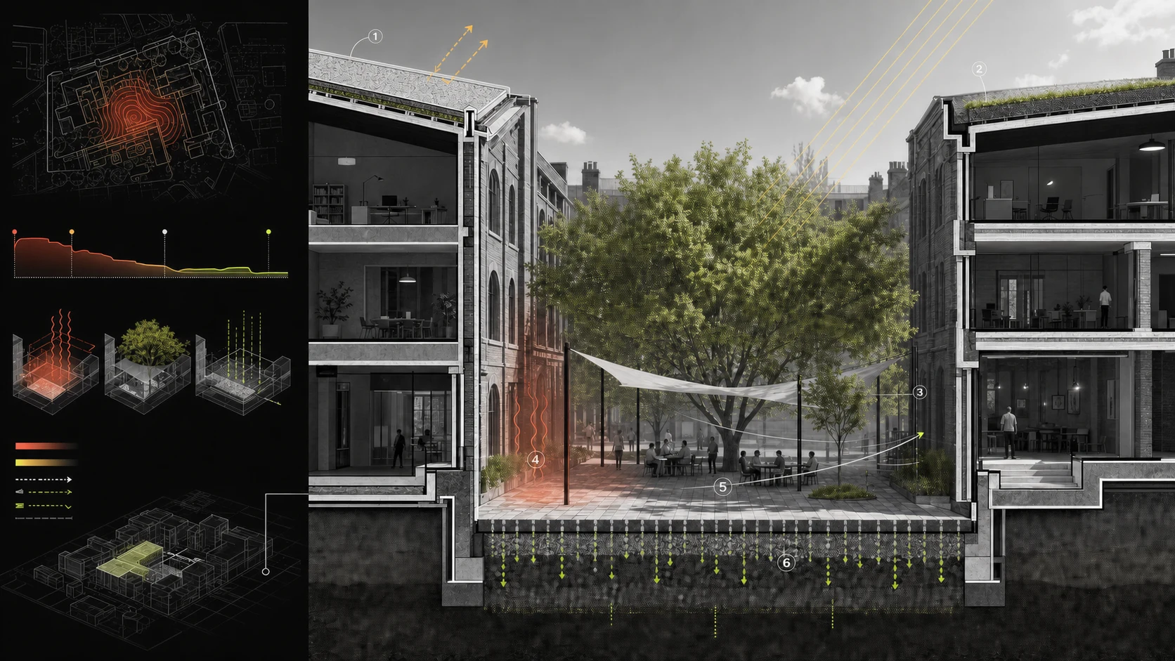Illustrative architectural section through a courtyard showing shade, trees, heat exposure and permeable ground
